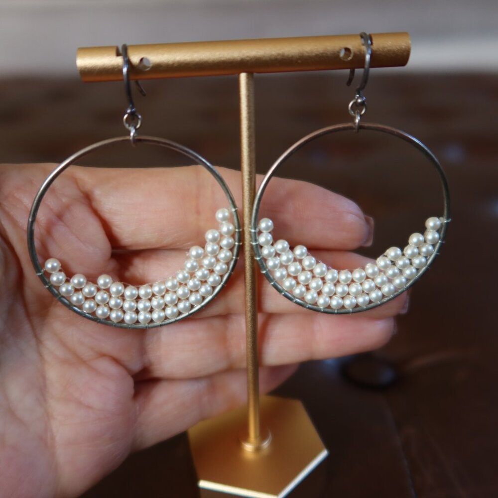 Chan Luu tiny "pearl" and silver front facing hoops earrings 2" long drops